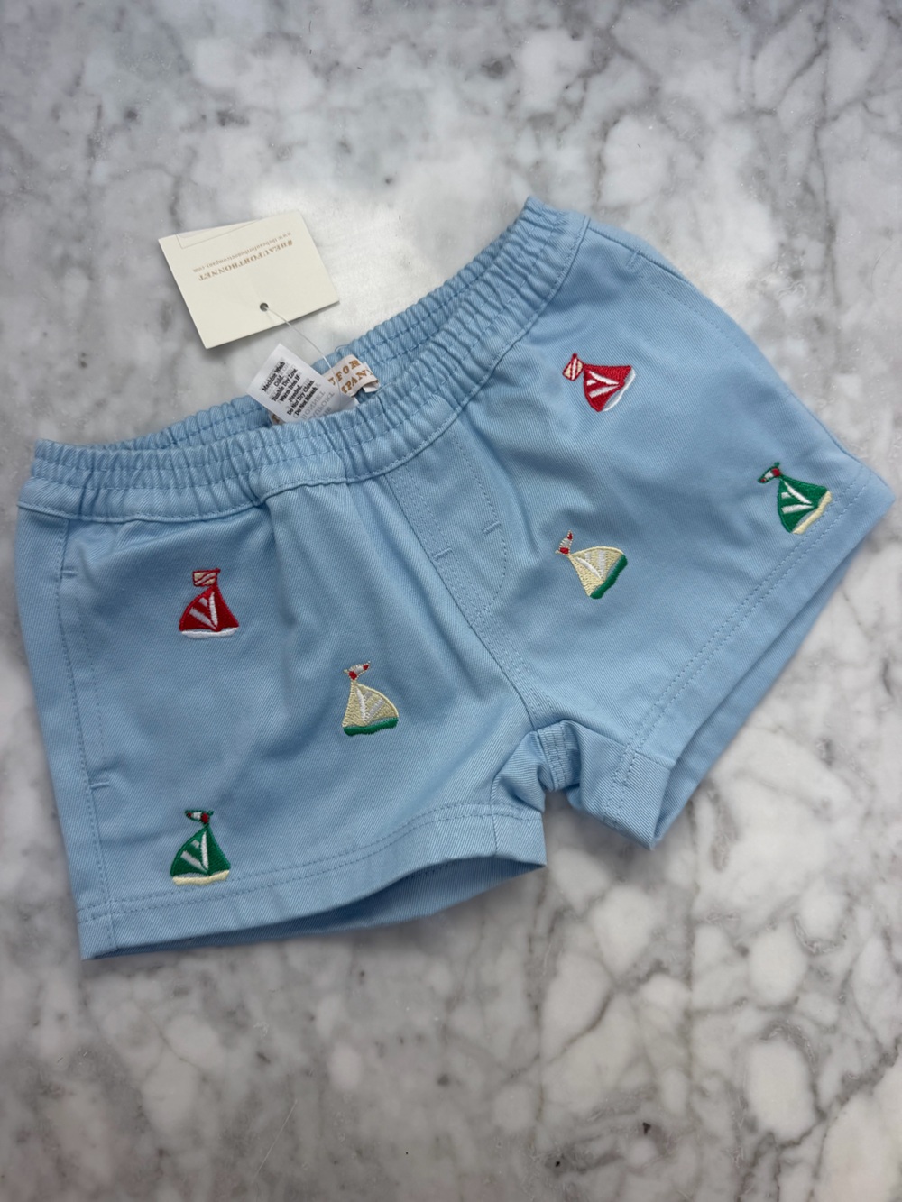 The Beaufort Bonnet Company Light Blue Embroidered Sailboat Shorts